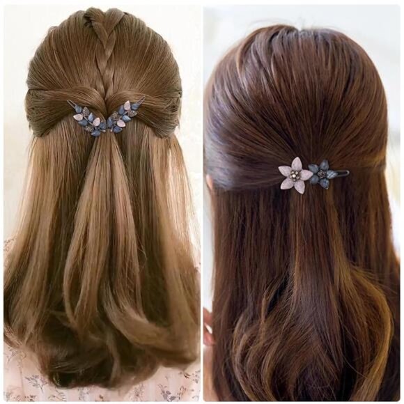 2Pcs 2inch Vintage Rhinestone Hair Barrettes Pink Gray Small Flower Clips - Picture 5 of 6